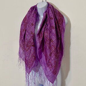 Purple Burgundy Square Scarf Floral Design Fringe & Metallic Rainbow Accents